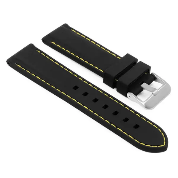 pu1.1.10.bs Main Black Yellow Brushed Silver Buckle StrapsCo Silicone Rubber Divers Watch Band Strap with Contrast Stitching