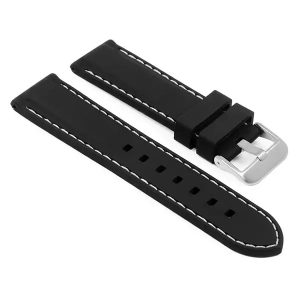 pu1.1.22.bs Main Black White Brushed Silver Buckle StrapsCo Silicone Rubber Divers Watch Band Strap with Contrast Stitching