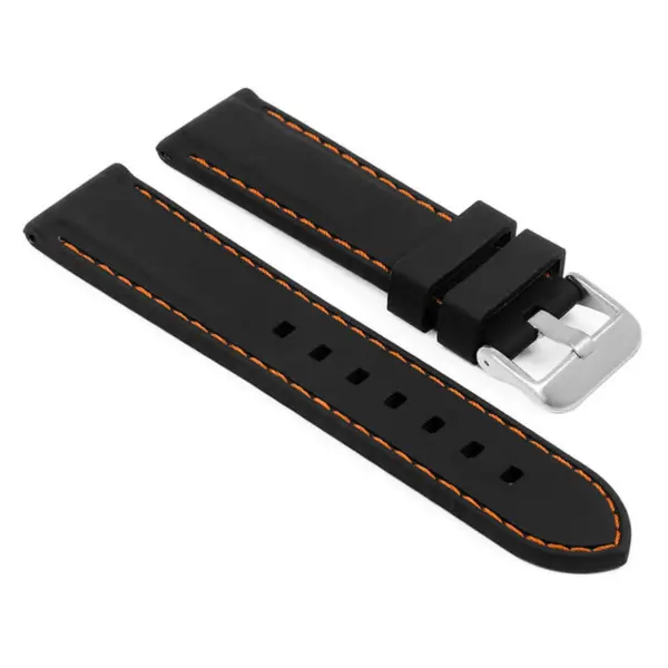 pu1.1.12.bs Main Black Orange Brushed Silver Buckle StrapsCo Silicone Rubber Divers Watch Band Strap with Contrast Stitching