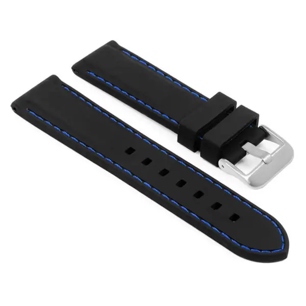 pu1.1.5.bs Main Black Blue Brushed Silver Buckle StrapsCo Silicone Rubber Divers Watch Band Strap with Contrast Stitching