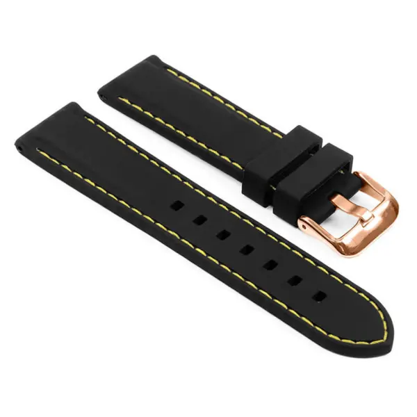 pu1.1.10.rg Main Black Yellow Rose Gold Buckle StrapsCo Silicone Rubber Divers Watch Band Strap with Contrast Stitching