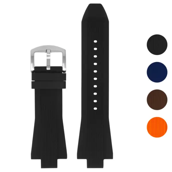 Black rubber strap designed for Michael Kors Dylan watches, featuring a durable finish and a sleek silver buckle. Perfect for a sporty and stylish look