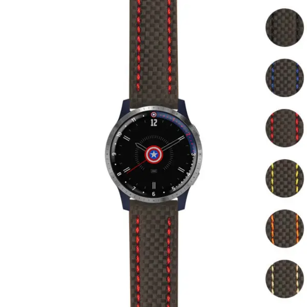 Heavy-duty carbon fiber strap designed for the Garmin Legacy Hero Series: First Avenger. Features a sleek black design with striking red stitching for a bold look
