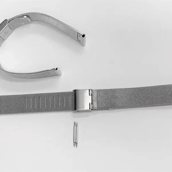 A silver mesh watch strap laid flat with a clasp and a pin for attachment, showcasing its clean and modern design. Ideal for maintenance and care tips