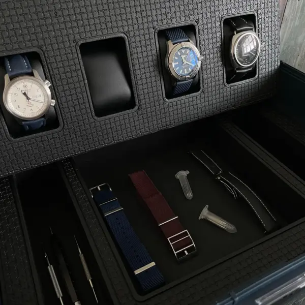 A stylish watch storage box featuring three elegant timepieces and compartments for accessories, perfect for travel enthusiasts and jetsetters