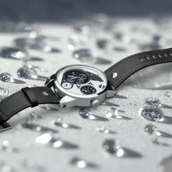 A close-up of a waterproof watch with a black strap, resting on a surface with water droplets, illustrating the importance of proper strap maintenance