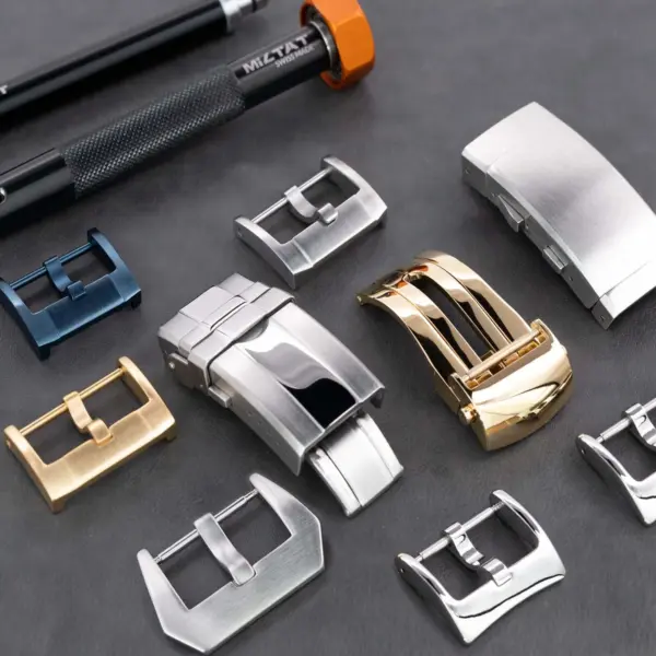 A collection of various watch buckles in different styles and finishes, including gold, silver, and blue, arranged on a dark surface with tools in the background