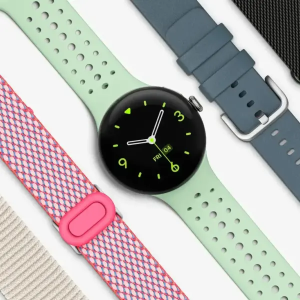 A variety of smartwatch straps in different materials, including leather, nylon, and silicone, displayed alongside a round smartwatch with a black face and colorful accents