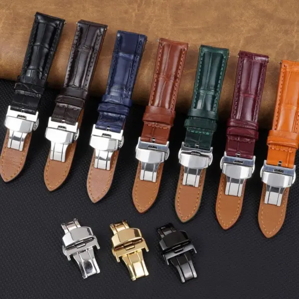 A variety of watch straps in different colors and materials, showcasing various clasps and buckles, arranged neatly on a textured surface