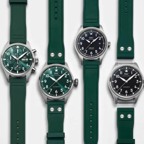 A collection of watches with green rubber straps and metal bracelets, showcasing various styles for quick strap changes to enhance personal fashion