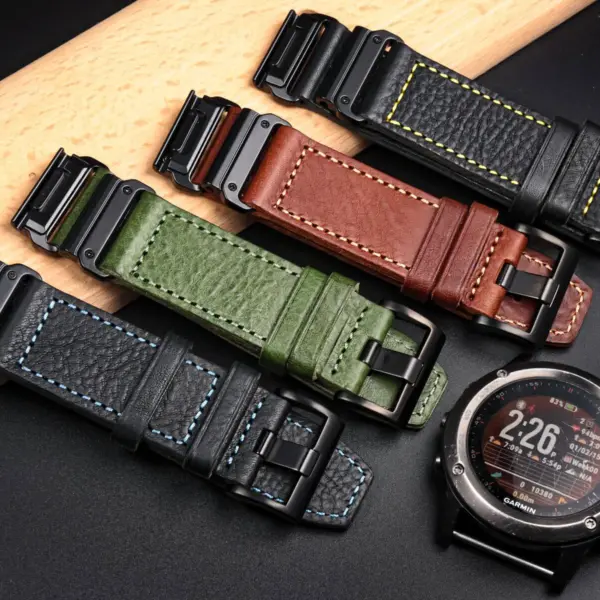 A variety of smartwatch straps in different colors and materials, including black, brown, green, and textured designs, displayed alongside a smartwatch on a dark surface