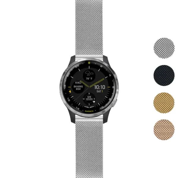 Pro Mesh Strap for Garmin D2 Air, featuring a sleek silver design. Includes color options: black, gold, and champagne. Perfect for a stylish and comfortable fit