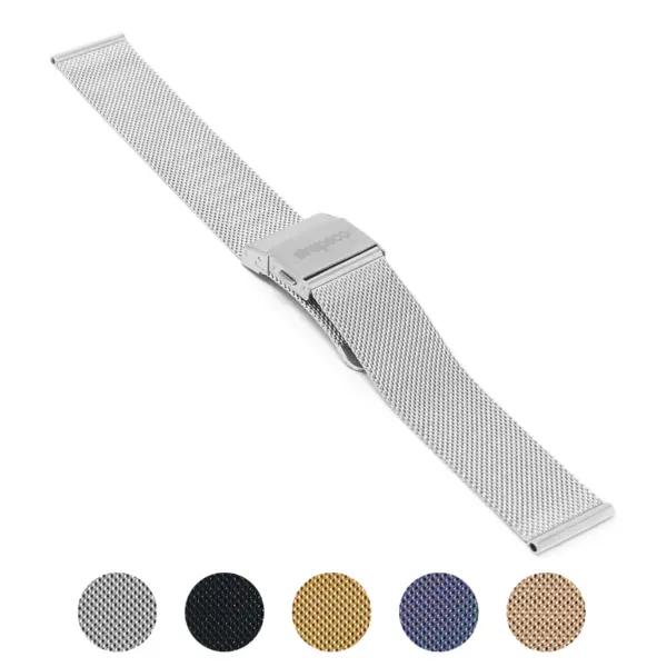 Pro Mesh Strap with Quick Release in silver metal and mesh. Available in various sizes: 6mm to 22mm. Features multiple color options for versatile style