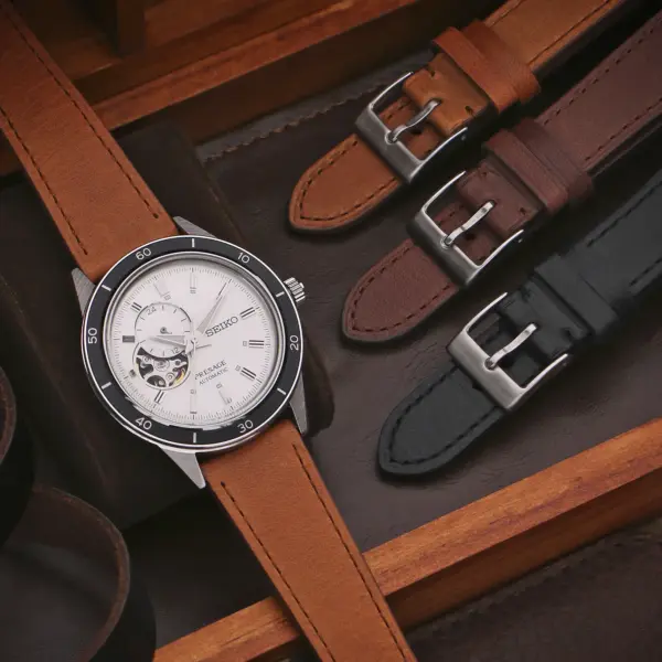ds30 Flatlay DASSARI Classic Stitched Leather Watch Band Strap Quick Release 18mm 19mm 20mm 21mm 22mm
