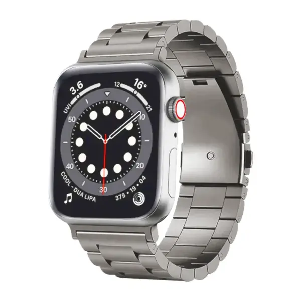 Titanium bracelet for Apple Watch, compatible with Series 1, 4, 5, 7, 8, Ultra, SE, and Ultra 2. Available in sizes 42mm, 44mm, 45mm, 49mm, and 9mm. Stylish metal design