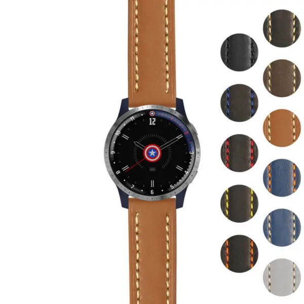 Rugged leather strap for Garmin Legacy Hero Series: First Avenger. Features a classic design with stitched detailing, compatible with specific Garmin models