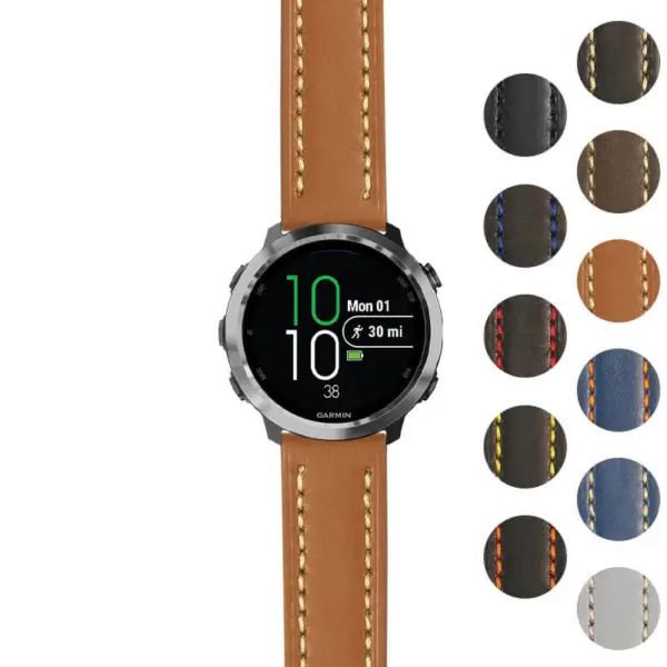 Rugged leather strap designed for Garmin Forerunner 645, featuring a durable construction and stylish stitching. Available in multiple colors for a personalized look