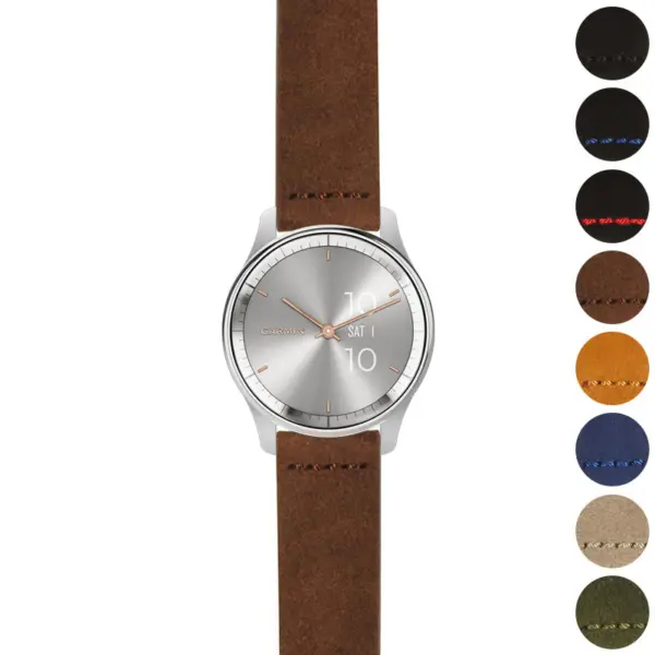Heavy-duty suede strap designed for Garmin Vivomove and Vivomove Trend. Features a stylish brown finish, enhancing the watch's elegance and durability