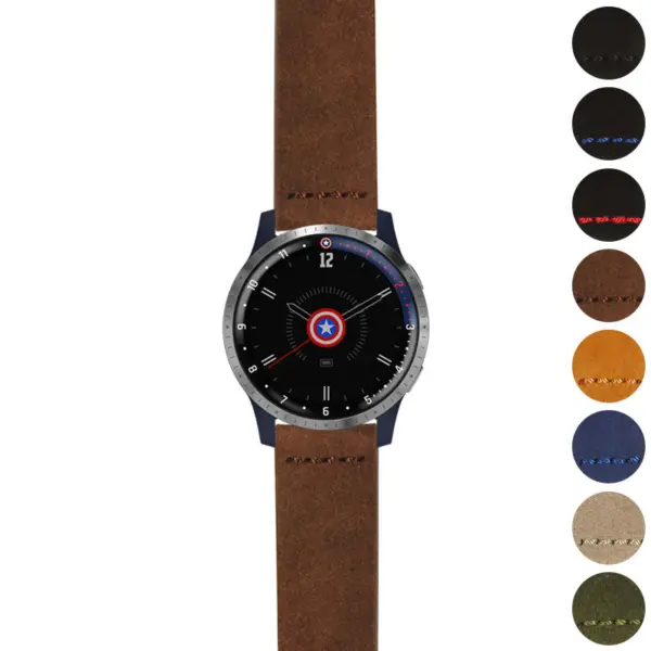 Heavy-duty suede strap designed for the Garmin Legacy Hero Series: First Avenger. Available in multiple colors, it combines durability with style for your smartwatch