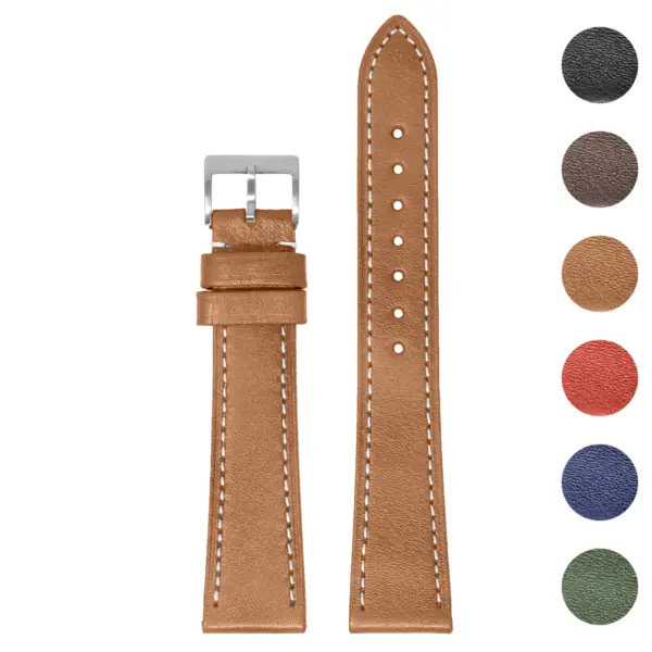 Stitched Heritage Strap with Quick Release in a rich tan leather finish. Available in sizes 18mm to 22mm and 8mm to 9mm. Features a classic design with contrasting stitching