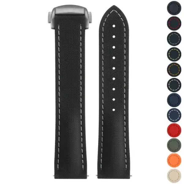 Sailcloth FKM Hybrid Strap with Deployant Clasp, available in sizes 20mm, 21mm, and 22mm. Features a durable black design with contrasting white stitching