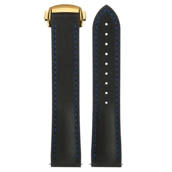 kd9.1.5.yg Up Black & Blue (Yellow Gold Clasp) DASSARI Sailcloth FKM Hybrid Watch Band Strap with Deployant Clasp 20mm 21mm 22mm