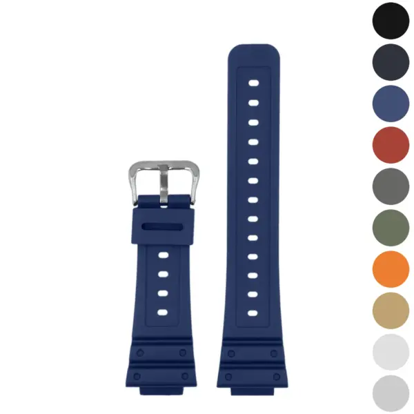 Fitted rubber strap for G-SHOCK GA 2100 in navy blue, made from durable rubber. Features a secure buckle and multiple holes for adjustable sizing. Available in various colors