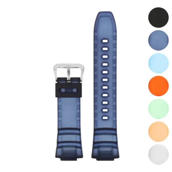 Fitted rubber strap for Casio MCW-100H in blue, featuring a sturdy silver buckle. Available in multiple colors, made from durable rubber for long-lasting wear