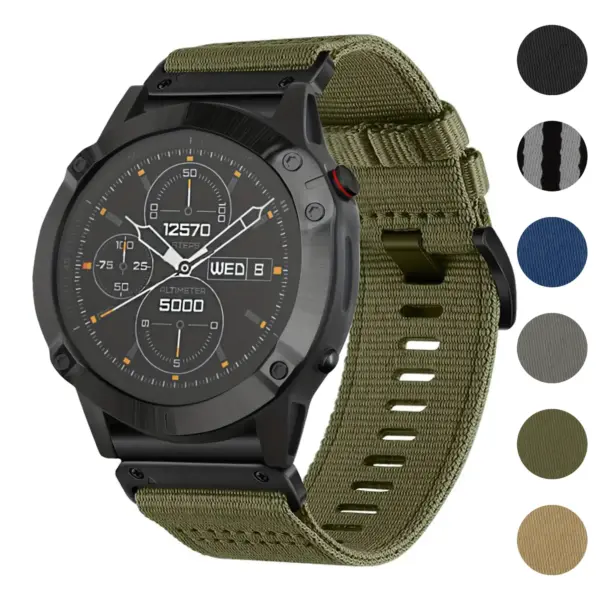 Pro Seatbelt Strap for Garmin QuickFit 26 devices, featuring a durable design in olive green, with a close-up of the watch face displaying time and various metrics