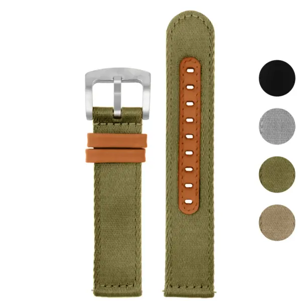 Two-Piece Explorer Strap with Quick Release in olive green nylon, featuring a silver buckle and brown accents. Available in 20mm and 22mm sizes