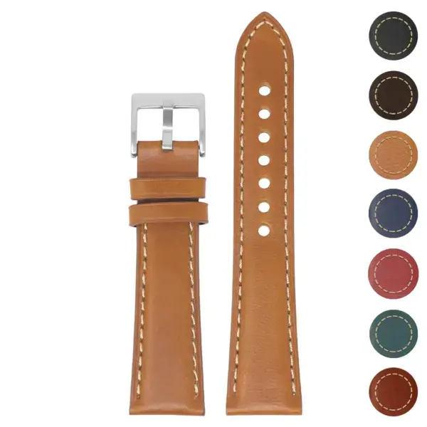 Vintage padded leather watch band with quick release feature, available in multiple sizes (8mm to 22mm) and colors. Durable leather construction for style and comfort