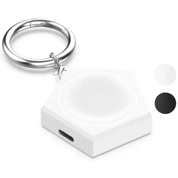 Portable charging adapter for Apple Watch, compatible with Series 1, 5, 7, Ultra, SE, and Ultra 2. Features a keychain design in white and black, suitable for 41mm and 45mm models