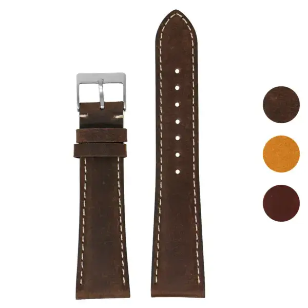 Classic Vintage Leather Watch Strap by DASSARI, featuring durable leather material. Available in sizes 18mm to 22mm. Includes color options: brown, tan, and dark brown