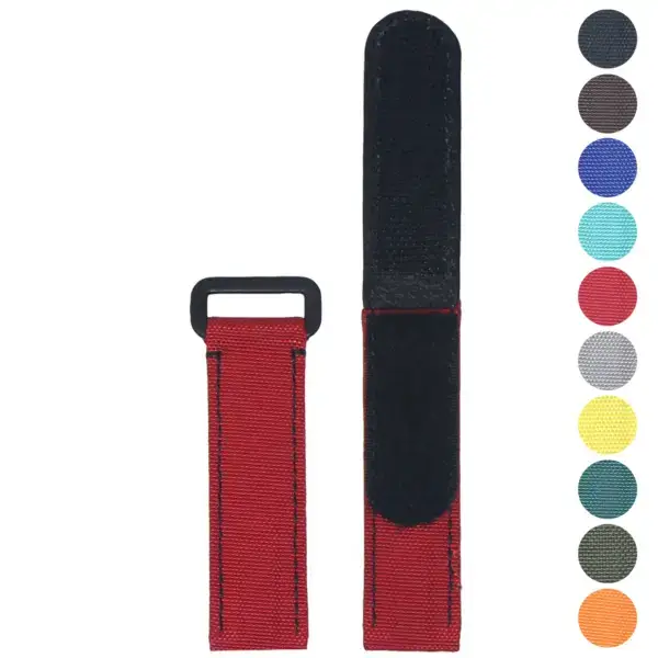 Red Hook & Loop Adventure Strap designed for MoonSwatch, featuring durable fabric and adjustable lengths. Available in various colors for a personalized look