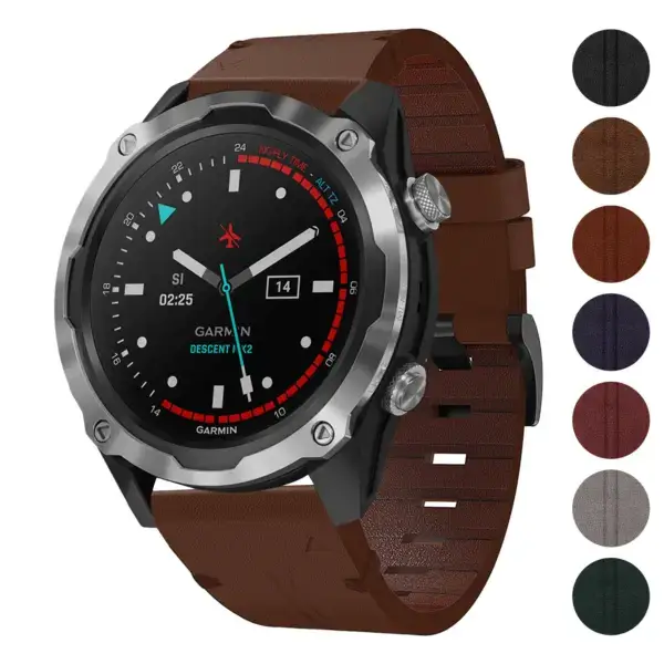 Vintage Italian leather strap designed for Garmin Descent MK2 and MK2S. Features a rich brown color, enhancing the watch's style and durability