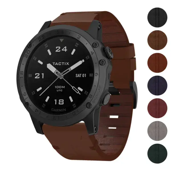 Vintage Italian leather strap designed for the Garmin Tactix Charlie, featuring a rich brown color and a stylish, durable design. Perfect for enhancing your watch's elegance
