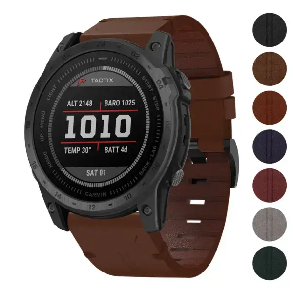 Vintage Italian leather strap designed for the Garmin Tactix 7, featuring a rich brown color with a stylish texture. Compatible with Garmin Tactix 7 models