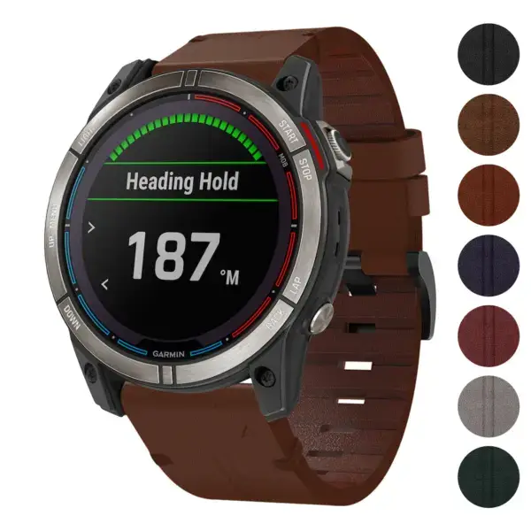 Vintage Italian leather strap for Garmin Quatix 7 and 7X. Features a rich brown color, enhancing the watch's style while providing comfort and durability
