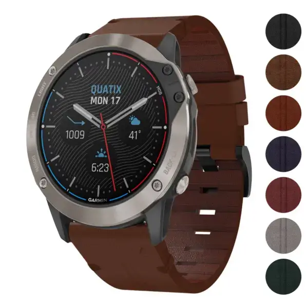 Vintage Italian leather strap designed for Garmin Quatix 6 and 6X. Features a rich brown color, combining elegance and durability for outdoor adventures