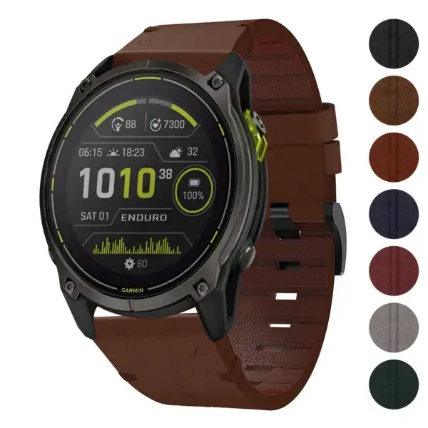 Vintage Italian leather strap designed for Garmin Enduro, featuring a stylish brown finish. Compatible with Garmin Enduro models for a sophisticated look