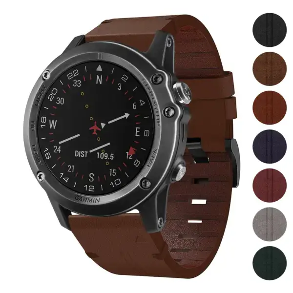 Vintage Italian leather strap designed for the Garmin D2 Bravo, featuring a rich brown color and a stylish, durable design. Compatible with Garmin D2 Bravo models