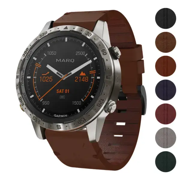 Vintage Italian leather strap for Garmin MARQ, featuring a stylish brown design. Durable and elegant, perfect for enhancing your smartwatch's look. Compatible with Garmin MARQ models