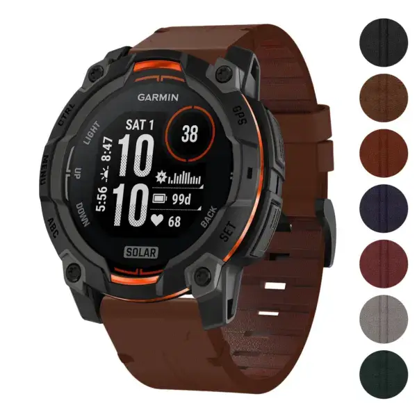 Vintage Italian leather strap for Garmin Instinct 3, designed for 45mm models. Features a rich brown color, enhancing style and comfort for outdoor adventures