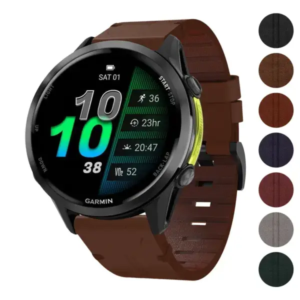 Vintage Italian leather strap designed for the Garmin Forerunner 970, featuring a rich brown color and a stylish, classic look. Perfect for enhancing your smartwatch