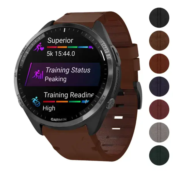 Vintage Italian leather strap designed for the Garmin Forerunner 965. Features a rich brown color, combining style and durability for an elegant smartwatch upgrade