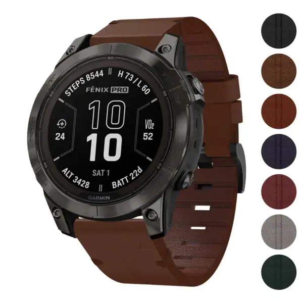 Vintage Italian leather strap designed for Garmin Fenix 7 and 7 Pro, featuring a rich brown color and stylish texture, enhancing the watch's elegance and durability