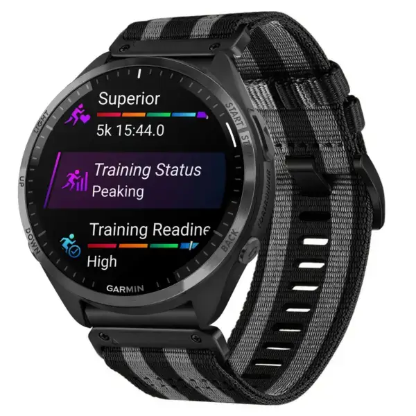 g.ny200.1.7 Main Black and Grey Bond Pro Seatbelt Two Piece Watch Band Strap for Garmin Forerunner 965