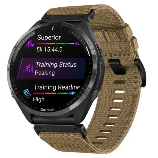 g.ny200.17 Main Khaki Camel Pro Seatbelt Two Piece Watch Band Strap for Garmin Forerunner 965