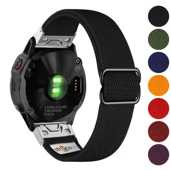 Nylon stretch band with a silver adapter designed for Garmin watches, featuring a textured black finish and available in various colors. Ideal for comfort and style