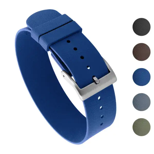 Blue FKM Single Pass Strap by DASSARI, made from durable rubber. Available in sizes 20mm and 22mm, featuring a sleek design and a silver buckle
